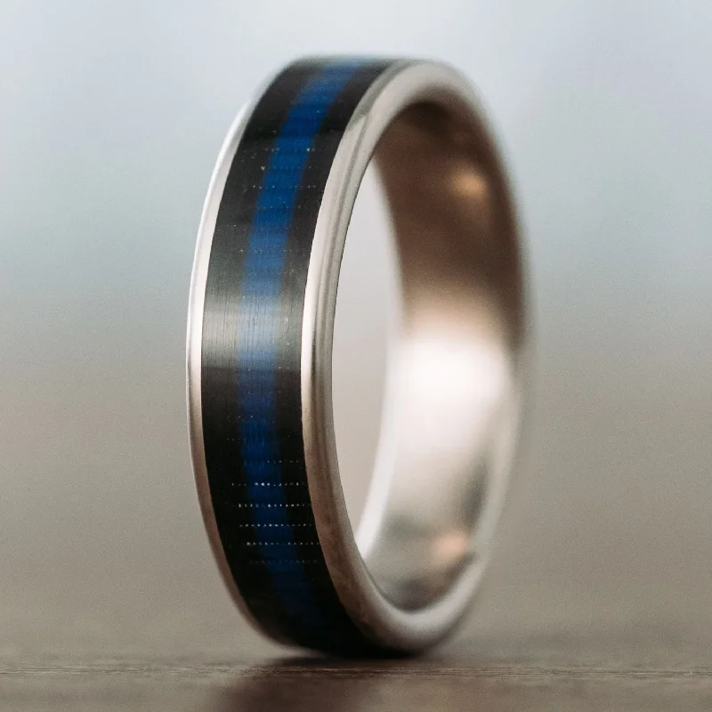 (In-Stock) The Tribute | Men's Titanium Wedding Band with Blue Line & Black Ribbon - Size 11 | 6mm