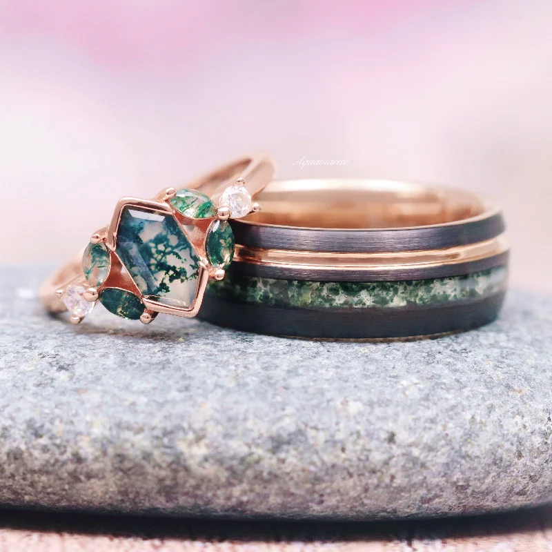 Hexagon Green Moss Agate Couples Ring Set