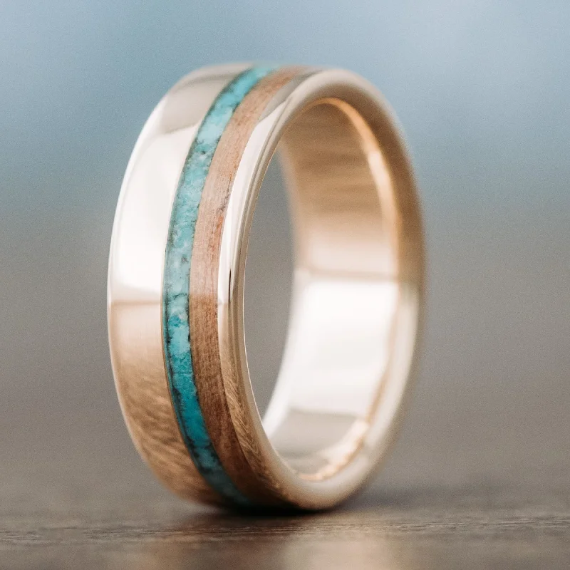 (In-Stock) Men's 10k Yellow Gold Wedding Band with Whiskey Barrel Wood and Turquoise - Size 10.75 | 8mm Wide