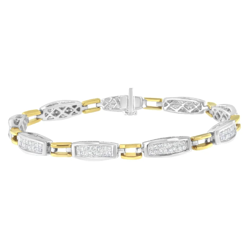 14K Yellow and White Gold 2.0 Cttw Princess Cut Diamond Tapered and Equal Sign Link Bracelet