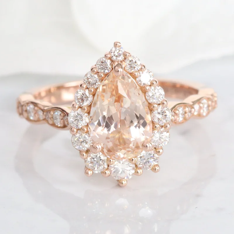 2.44 Ct Pear Peach Sapphire Ring in 14k Rose Gold Tiara Halo Diamond, Size 6.25