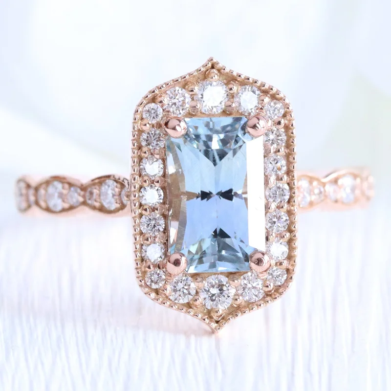 2.25 Ct Emerald Cut Aqua Blue Sapphire Ring in 14k Rose Gold Vintage Floral Ring, Size 6.5