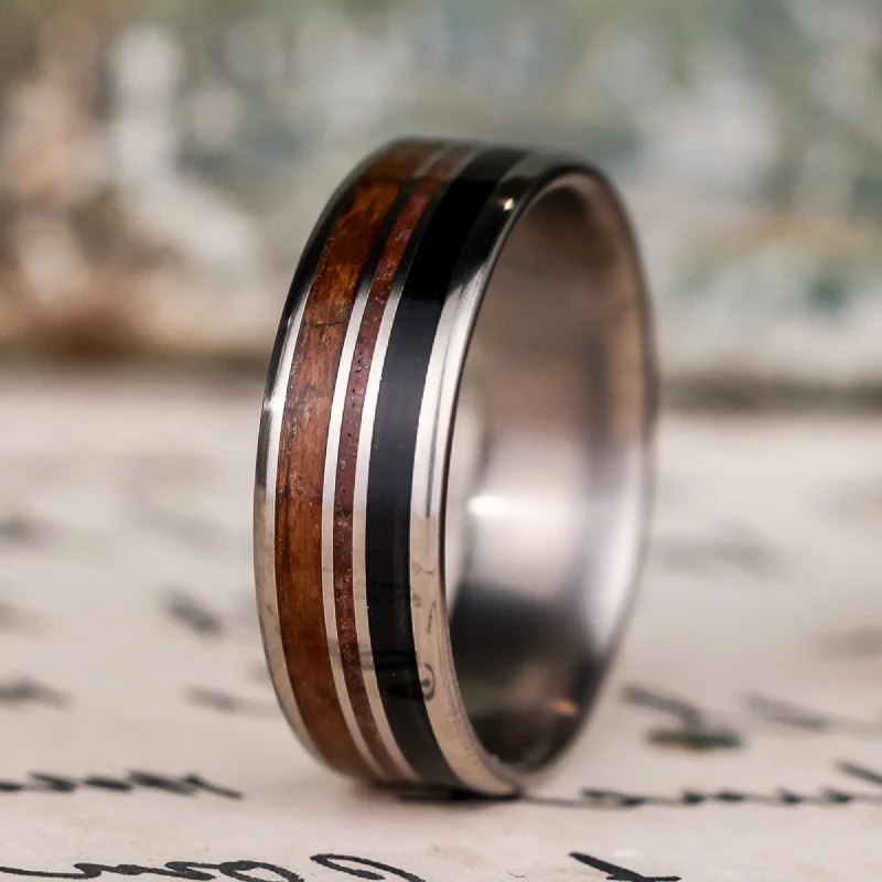 (In-Stock) Custom Titanium Ring with Weathered Whiskey Barrel, Dinosaur Bone & USS NJ Battleship Teak Inlay - Size 13.25 | 8mm Wide