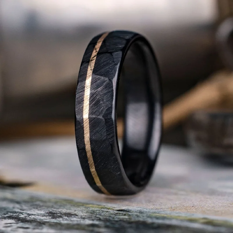 (In-Stock) The Apollo Noir | Men's Hammered Black Titanium Wedding Band with Offset 14k Yellow Gold Inlay - Size 9.5 | 6mm Wide