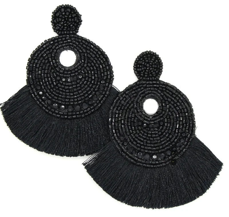 Josie Beaded Tassel Earrings- Black