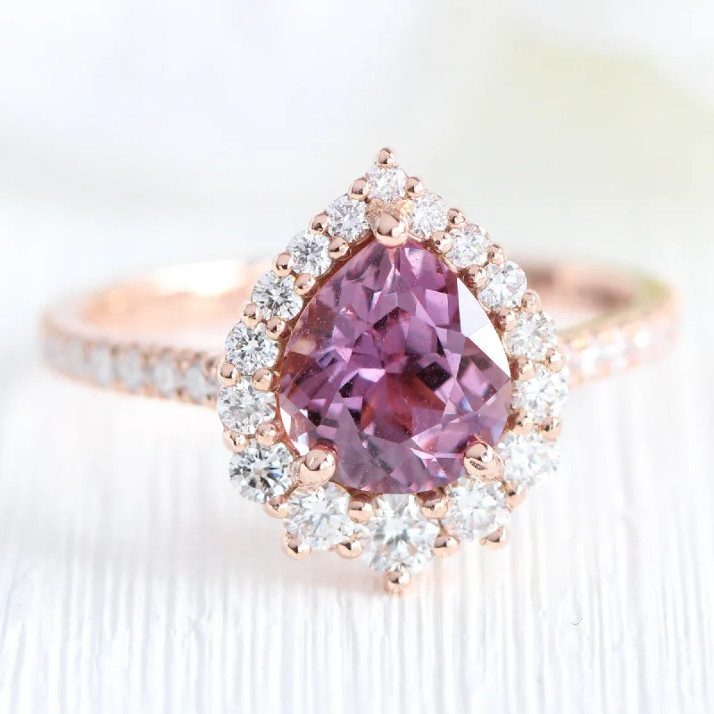 2.15 Ct Pear Pinkish Purple Sapphire Ring in 14k Rose Gold Tiara Halo Diamond, Size 6.25