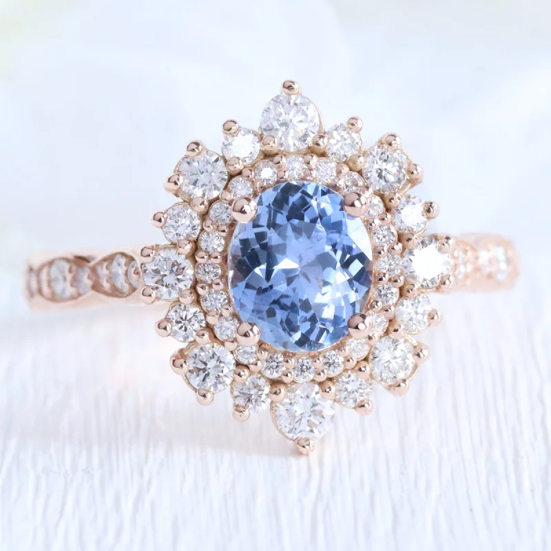 1.72 Ct Oval Aqua Blue Sapphire Ring in 14k Rose Gold Double Halo Diamond, Size 6.5