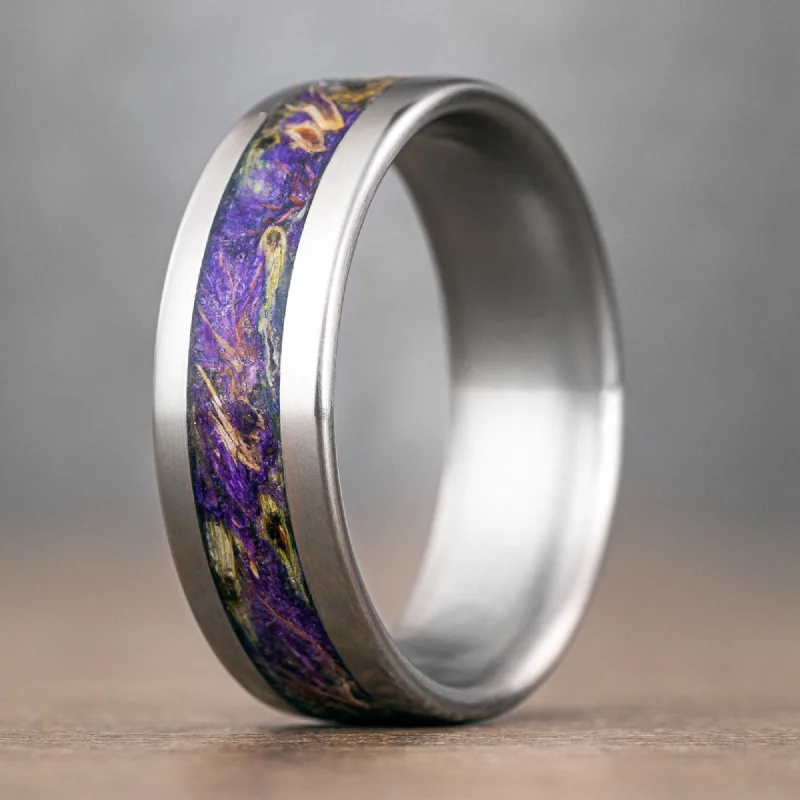 (In-Stock) Custom Men's Floral Titanium Wedding Band with Mixed Lavender Inlay- Size 12.5 | 8mm Wide