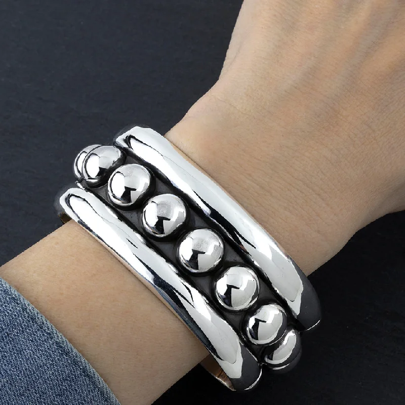 Chunky Taxco Silver Beaded Hinged Bangle