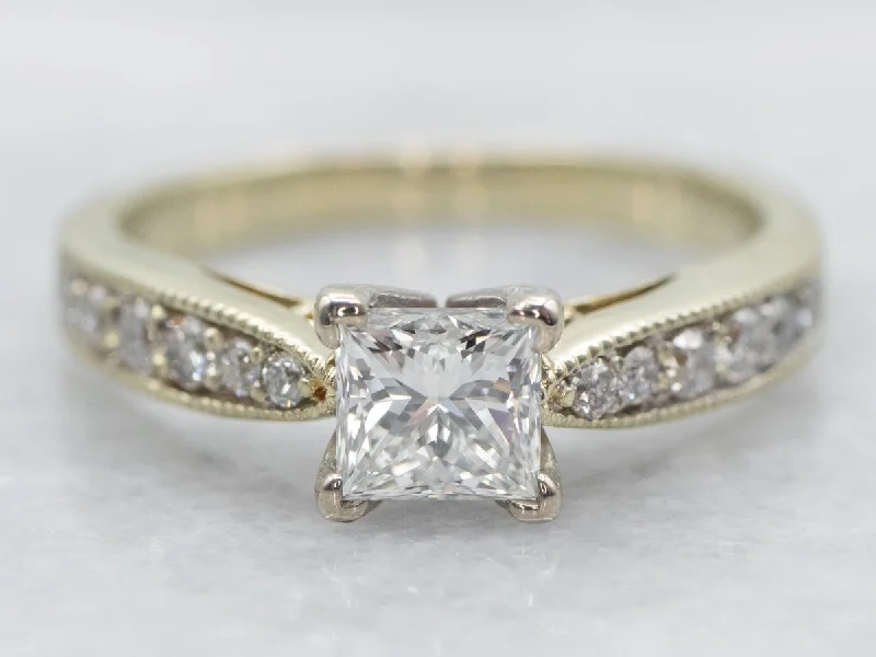 white gold engagement rings -Modern Princess Cut Diamond Engagement Ring with Diamond Shoulders