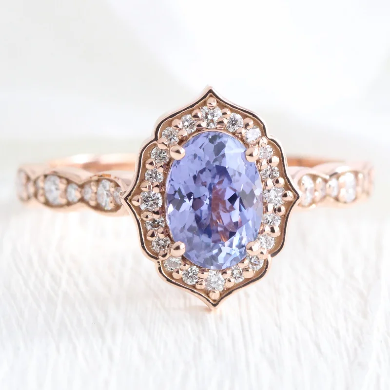 1.7 Ct Lavender Purple Sapphire Ring in 14k Rose Gold Vintage Floral Diamond, Size 6.5