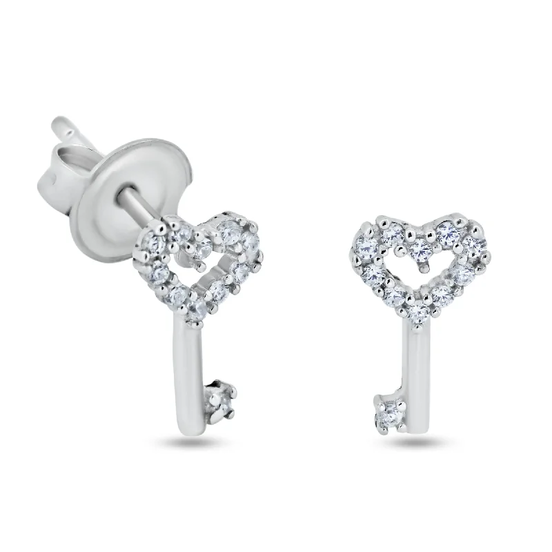 Rhodium Plated 925 Sterling Silver CZ Heart Key Stud Earrings - GME00135