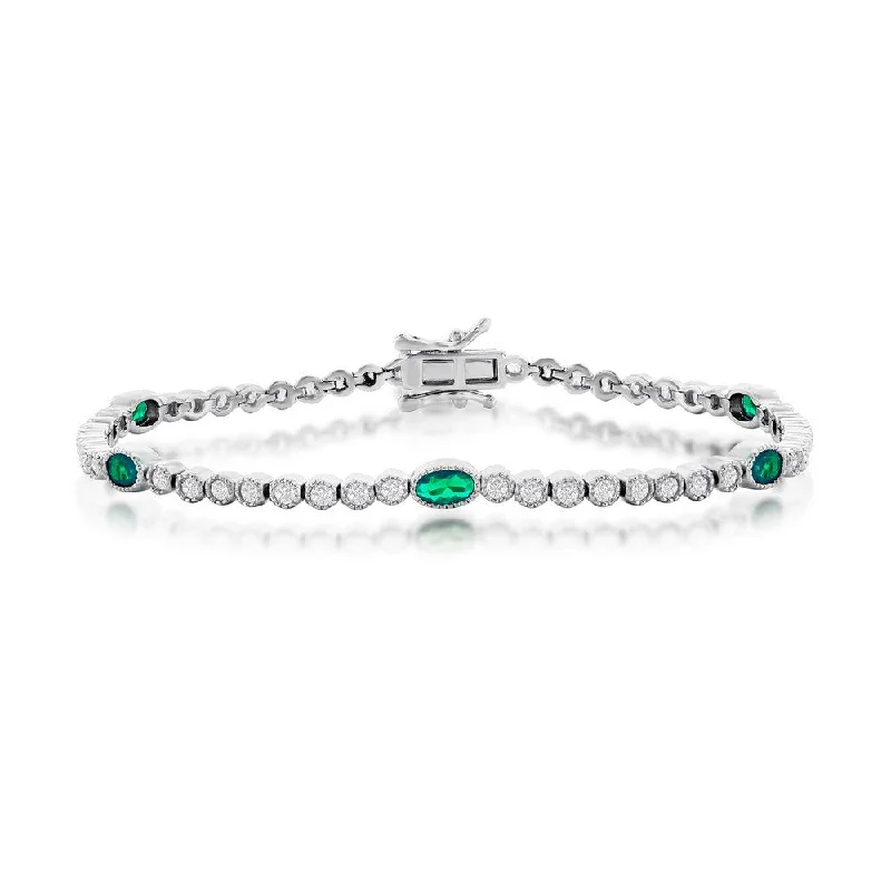 Sterling Silver Beaded Outline Round & Oval CZ Bracelet (Green, Blue, Or Red)