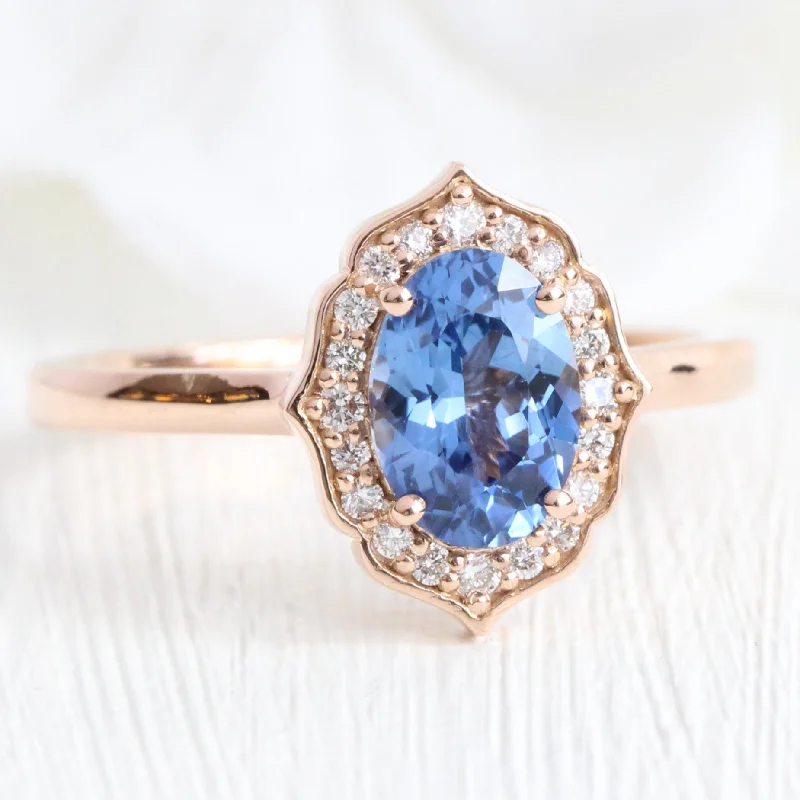 1.58 Ct Oval Ceylon Blue Sapphire Ring in 14k Rose Gold Vintage Floral Diamond, Size 6.5