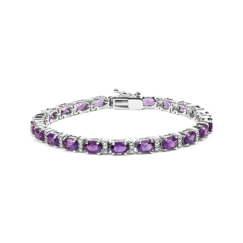 .925 Sterling Silver 9 1/2 Cttw Alternating Oval Amethyst and White Diamond Accent Link Tennis Bracelet