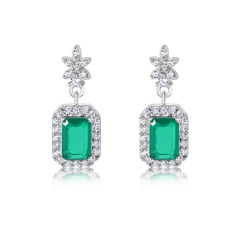 Rhodium Plated 925 Sterling Silver Dangling Green CZ Stud Earrings - BGE00746