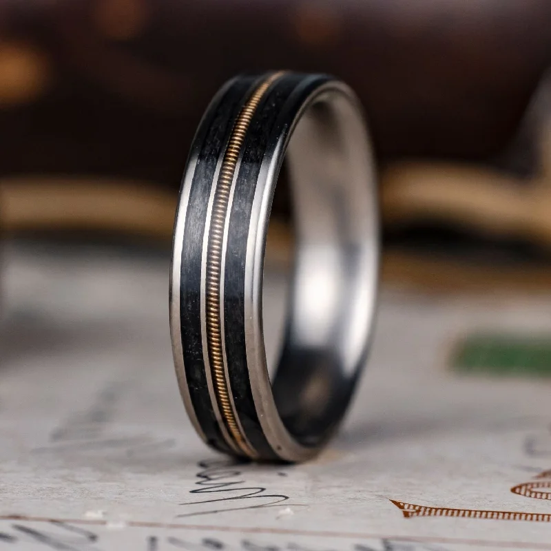 (In-Stock) The Man in Black | Men's Titanium Guitar String Wedding Band with Black Whiskey Barrel Wood - Size 10.5 | 6mm Wide