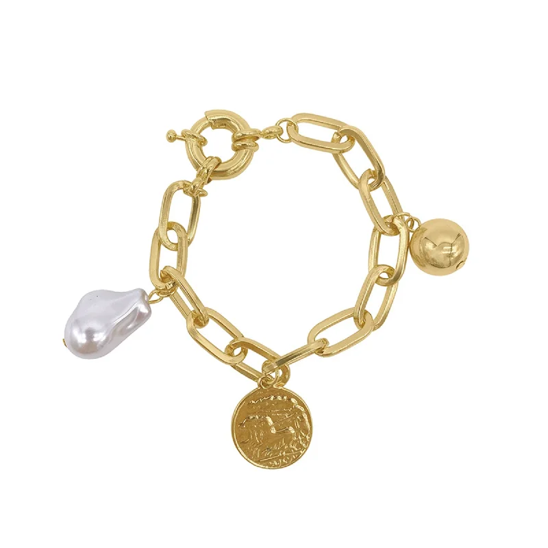 14k Gold Plated Pearl and Charm Link Bracelet with Oversized Lock