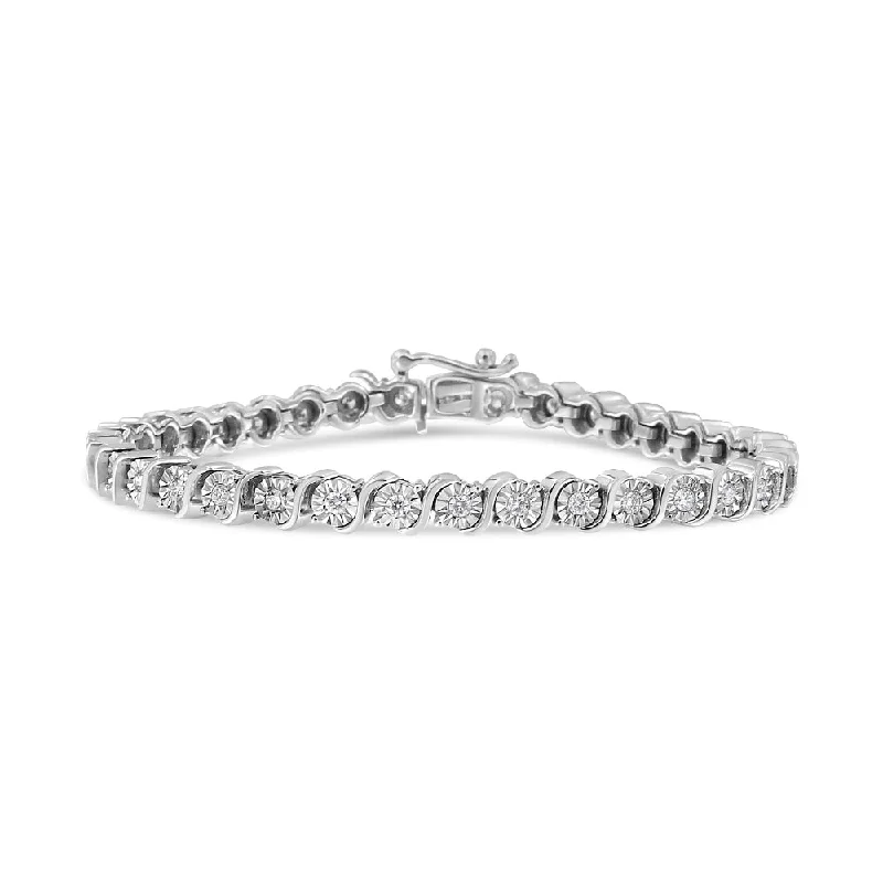 14K White Gold 1.00 Cttw Lab Grown Diamond Round Miracle Plate and "S" Link Tennis Bracelet Size 7"