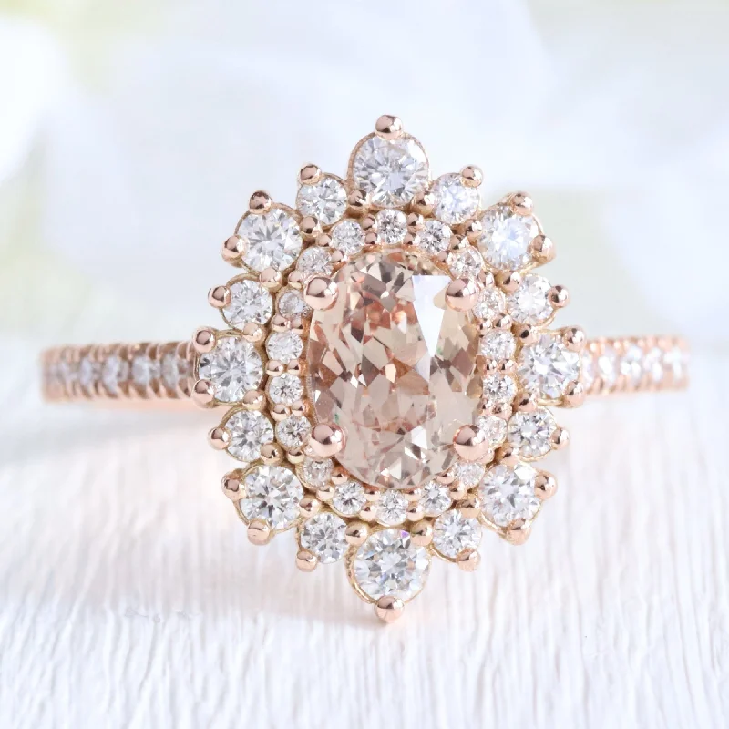 1.83 Ct Oval Peach Sapphire Pave Ring in 14k Rose Gold Double Halo Diamond, Size 6.25