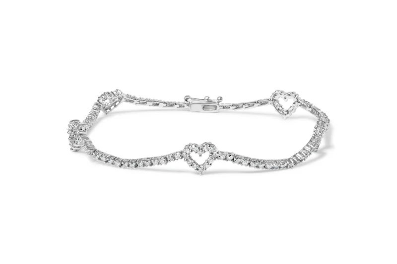 14K White Gold 1 1/2 Cttw Diamond Heart Station Strand Bracelet