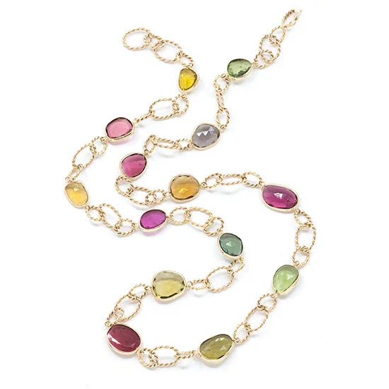 luxury gold necklaces for women -Coiled Oval Loop Link Necklace with Multi-colored Tourmalines