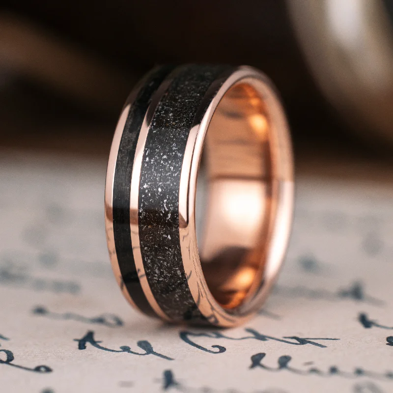 (In-Stock) The Dark Star | Men's 10k Rose Gold Whiskey Barrel Wood & Black Meteorite Wedding Band - Size 7.25 | 8mm Wide