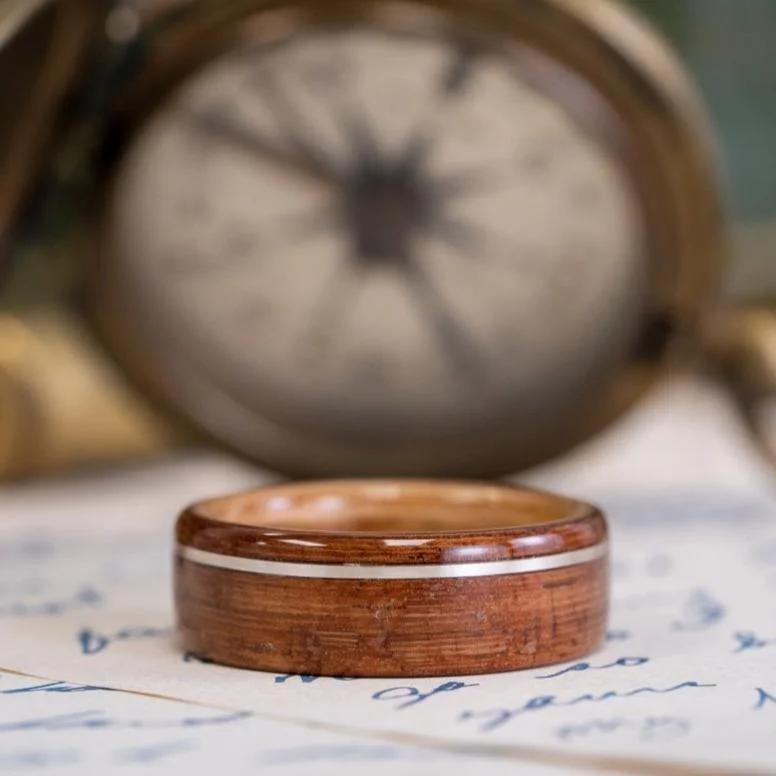 (In-Stock) Iroko Teak Wooden Ring, Natural Whiskey Barrel Liner & Offset Sterling Silver - Size 10.25/8mm Wide