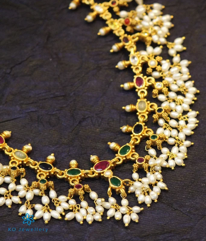 gold necklaces for women -The Pratyusha Silver Navratna Necklace (Long/Rice Pearls)