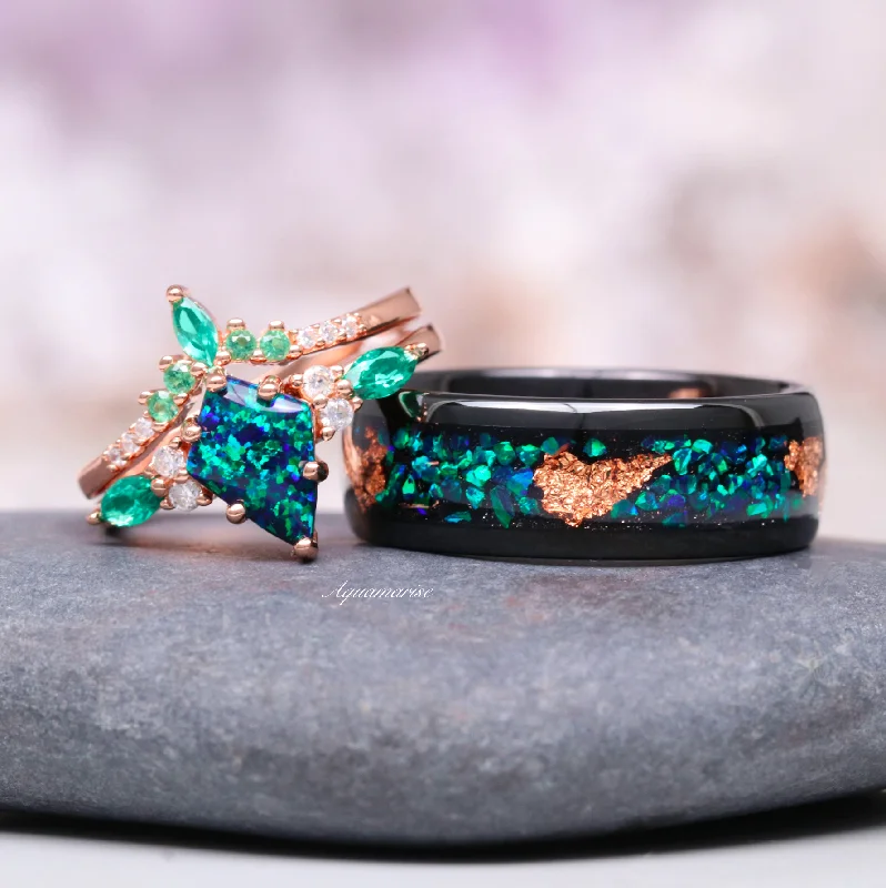 Skye Kite™  Peacock Fire Opal & Emerald Couples Ring