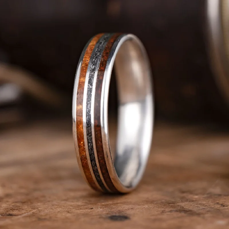 (In-Stock) The Jurassic in Silver | Men's Silver Wedding Band with Dinosaur Bone, Meteorite & Fossilized Amber - Size 14.5 | 6mm Wide