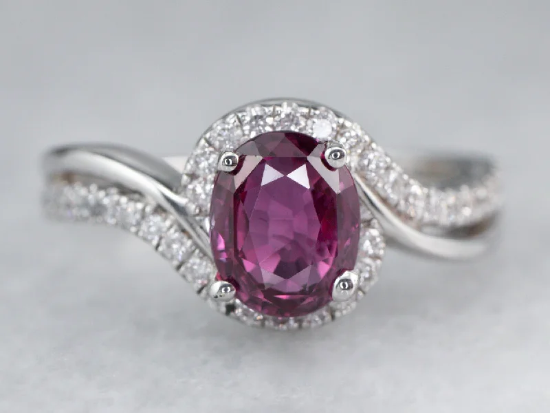 elegant engagement rings -Modern Ruby Diamond Halo White Gold Engagement Ring