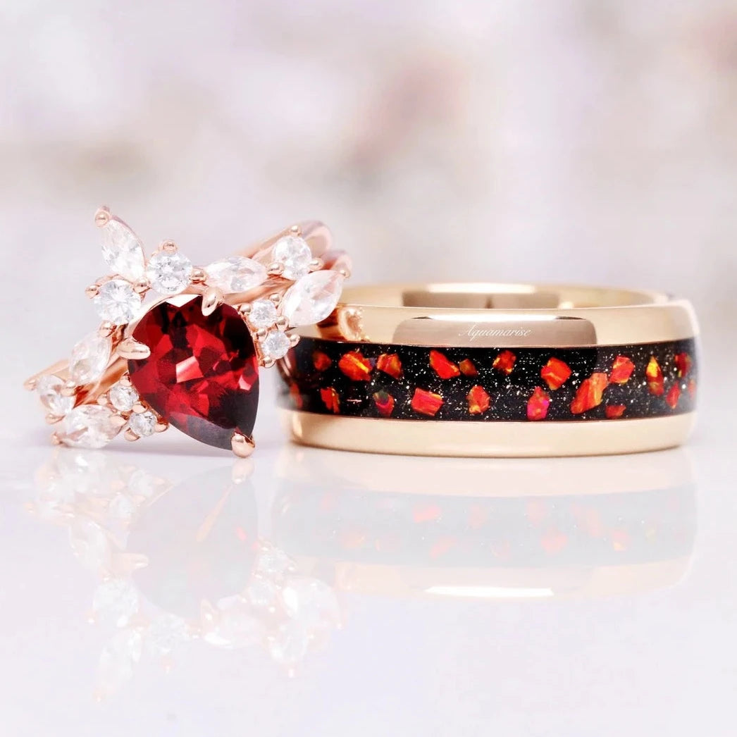 Red Fire Opal & Garnet & Galaxy Sandstone Couples Ring