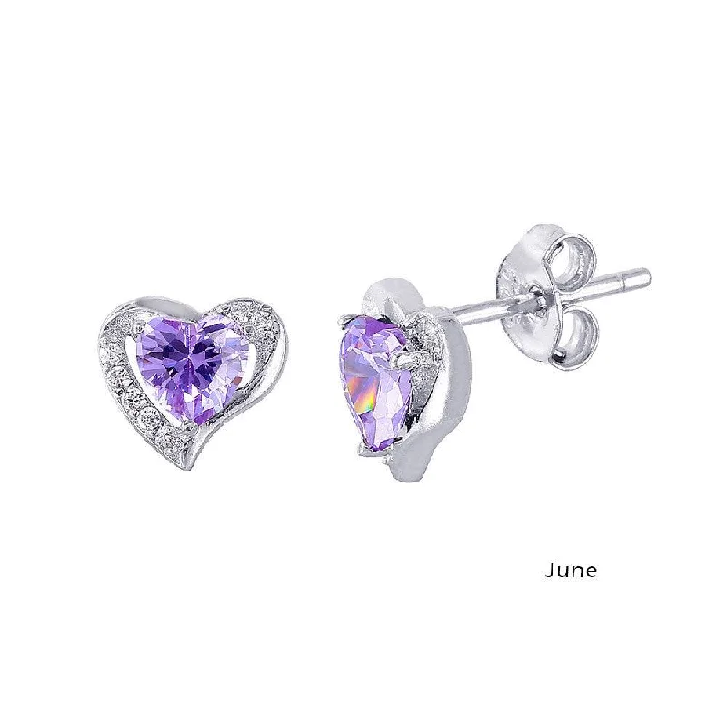 Rhodium Plated 925 Sterling Silver Heart with Birthstone Center Stud Earrings June - STE01028-JUN