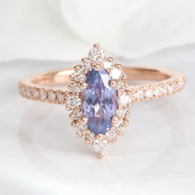 Marquise Lavender Sapphire Ring in 14k Rose Gold Tiara Halo Diamond Size 6.75