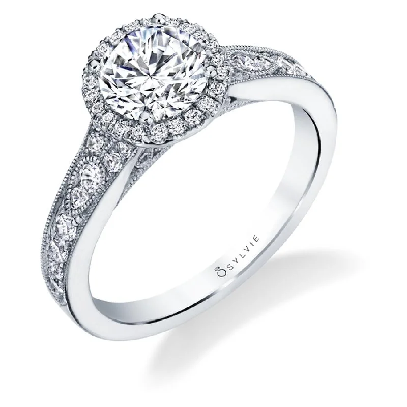 stylish engagement rings for women -Sylvie Collection 14K White Gold Round Halo Engagement Ring Setting W. 1.50Ct Round