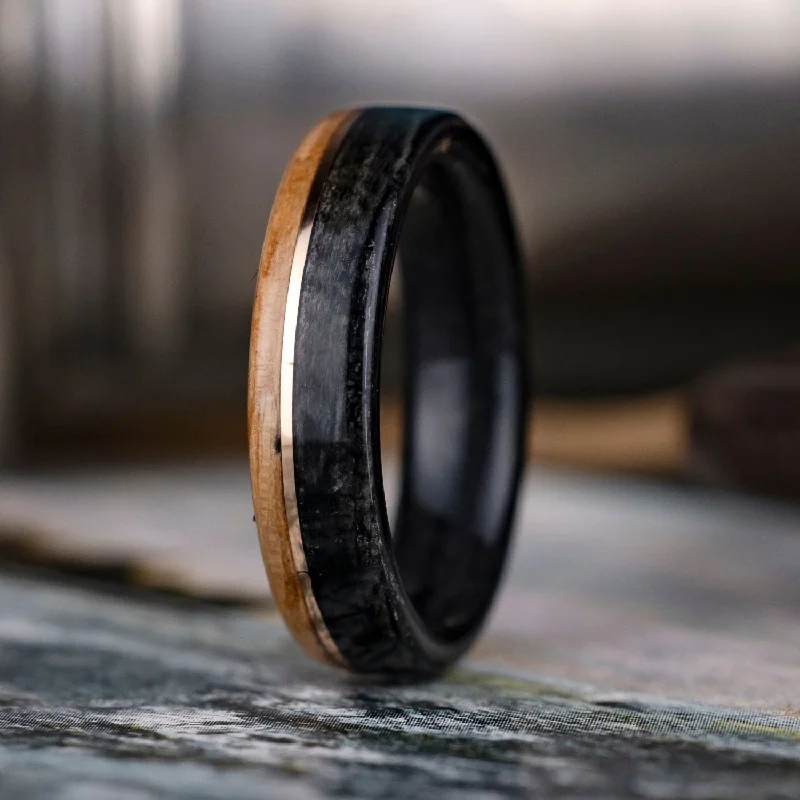 (In-Stock) The Highball | Men's Whiskey Barrel Wood Wedding Band with Bronze Inlay - Size 7.5 | 5mm Wide