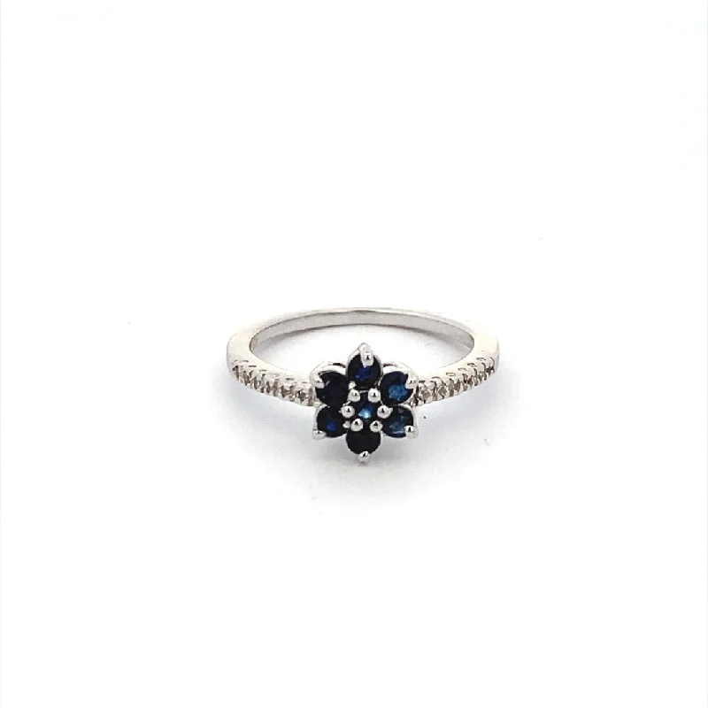 Sterling Silver 0.62ctw Diamond & Blue Sapphire Flower Ring