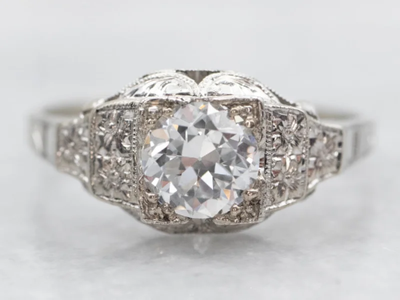 affordable diamond engagement rings -Late Deco GIA Certified European Cut Diamond Engagement Ring