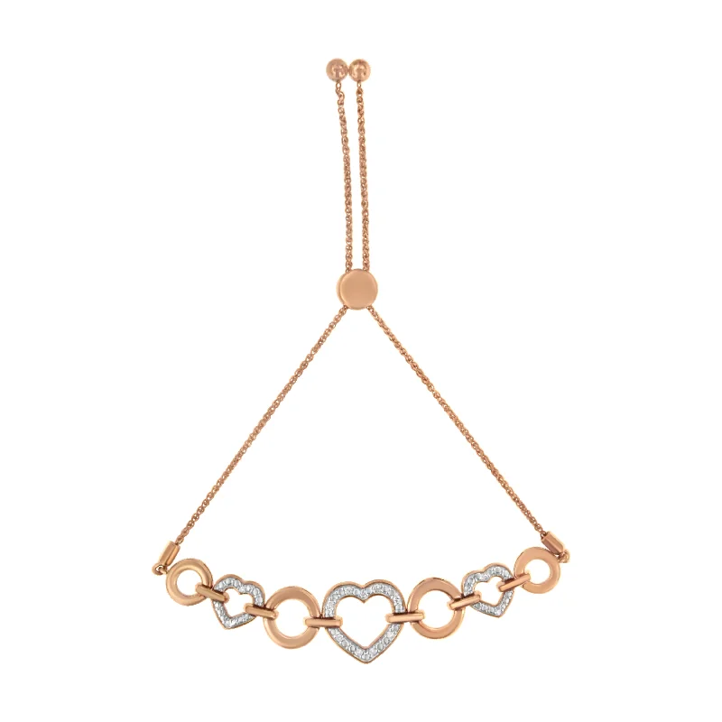 10K Rose Gold over .925 Sterling Silver 1/10 Cttw Round-Cut Diamond Heart Link Adjustable Bolo Bracelet