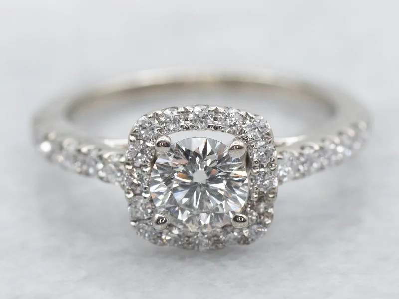 women’s stacked engagement rings -Modern Gold Diamond Engagement Ring with Diamond Halo and Diamond Shoulders