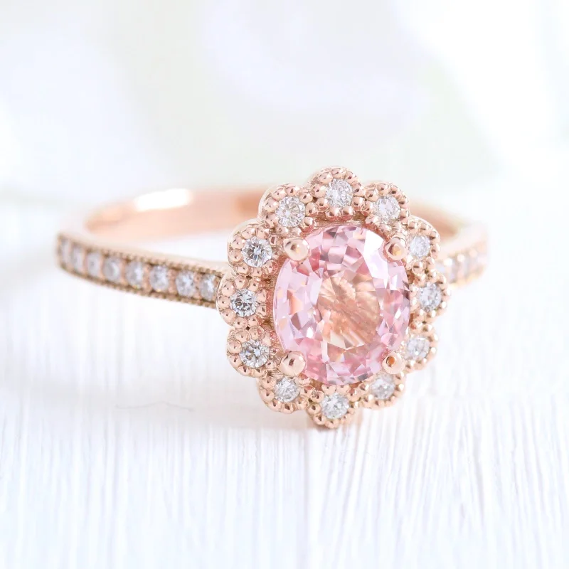 1.59 Ct. Padparadscha Peach Sapphire Ring in 14k Rose Gold Vintage Halo Diamond, Size 6.25