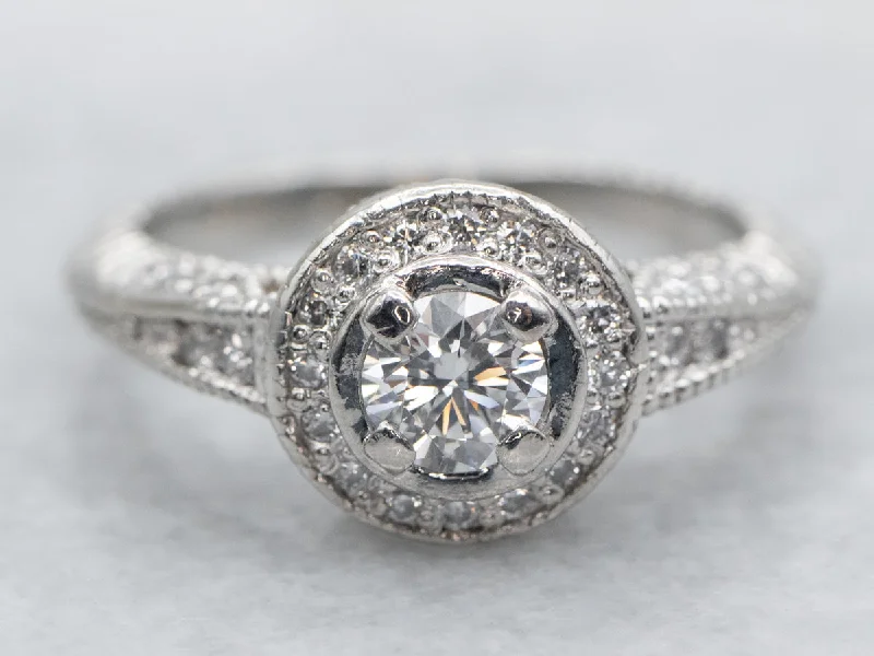 engagement rings for non-traditional brides -Platinum Diamond Engagement Ring with Diamond Halo and Diamond Shoulders