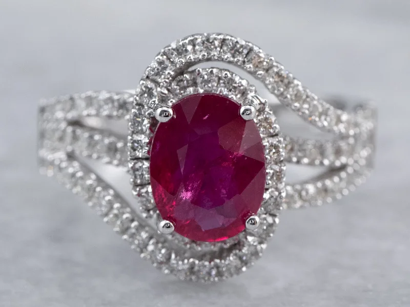 rose gold engagement rings -Modern Ruby Diamond Halo White Gold Engagement Ring