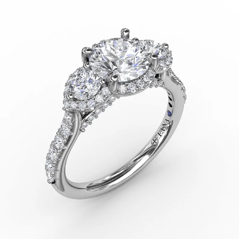 luxury engagement rings -Three-Stone Round Diamond Halo Engagement Ring