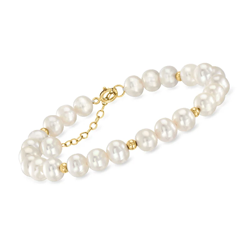 Ross-Simons 6.5-7mm Cultured Pearl and 14kt Yellow Gold Bead Station Bracelet