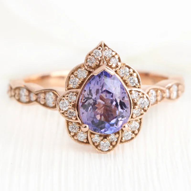 1.55 Ct Pear Purple Sapphire Ring in 14k Rose Gold Vintage Floral Diamond, Size 6.25