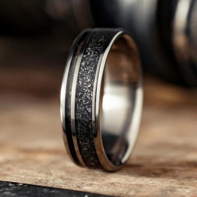 (In-Stock) The Dark Star | Men's Titanium Ring with Whiskey Barrel Wood & Black Meteorite - Size 11.5 | 7mm Wide