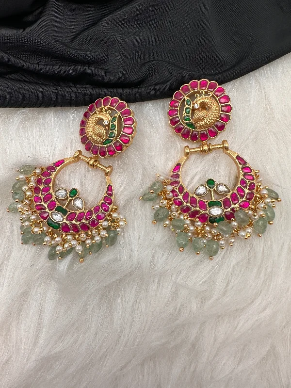 Peacock Red Green Jadau Kundan Chandballi Earrings