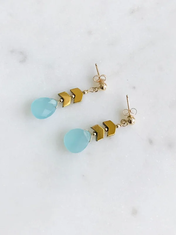 Blue Drop & Gold Chevron Earrings